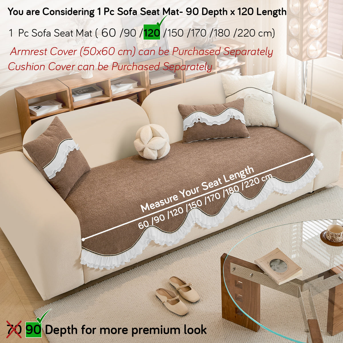 French Classic Frill Wavy Sofa Cover Mat, Mocha Luxe Brown