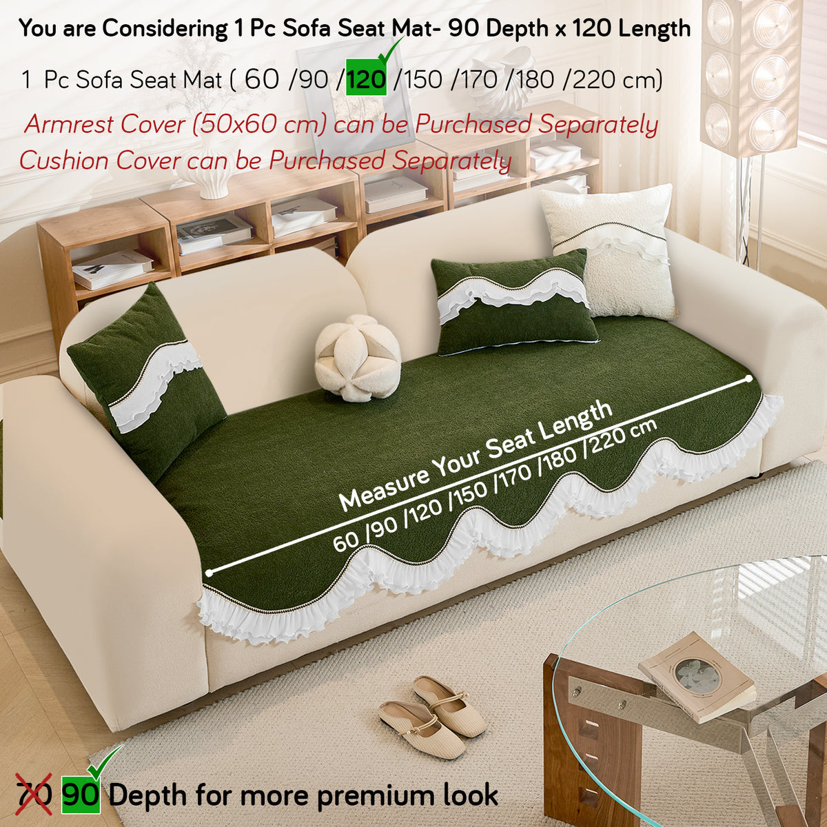 French Classic Frill Wavy Sofa Cover Mat, Dark Olive Green