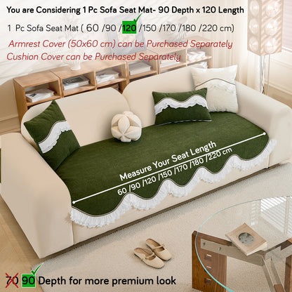 French Classic Frill Wavy Sofa Cover Mat, Dark Olive Green