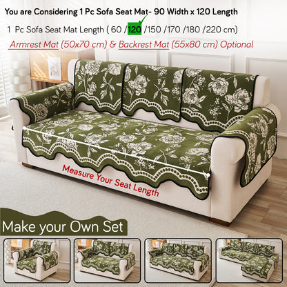 Chenille Sofa Cover Mat with Curvy Edges, 'Retro Curves Series' Sofa Mat, Olive Green