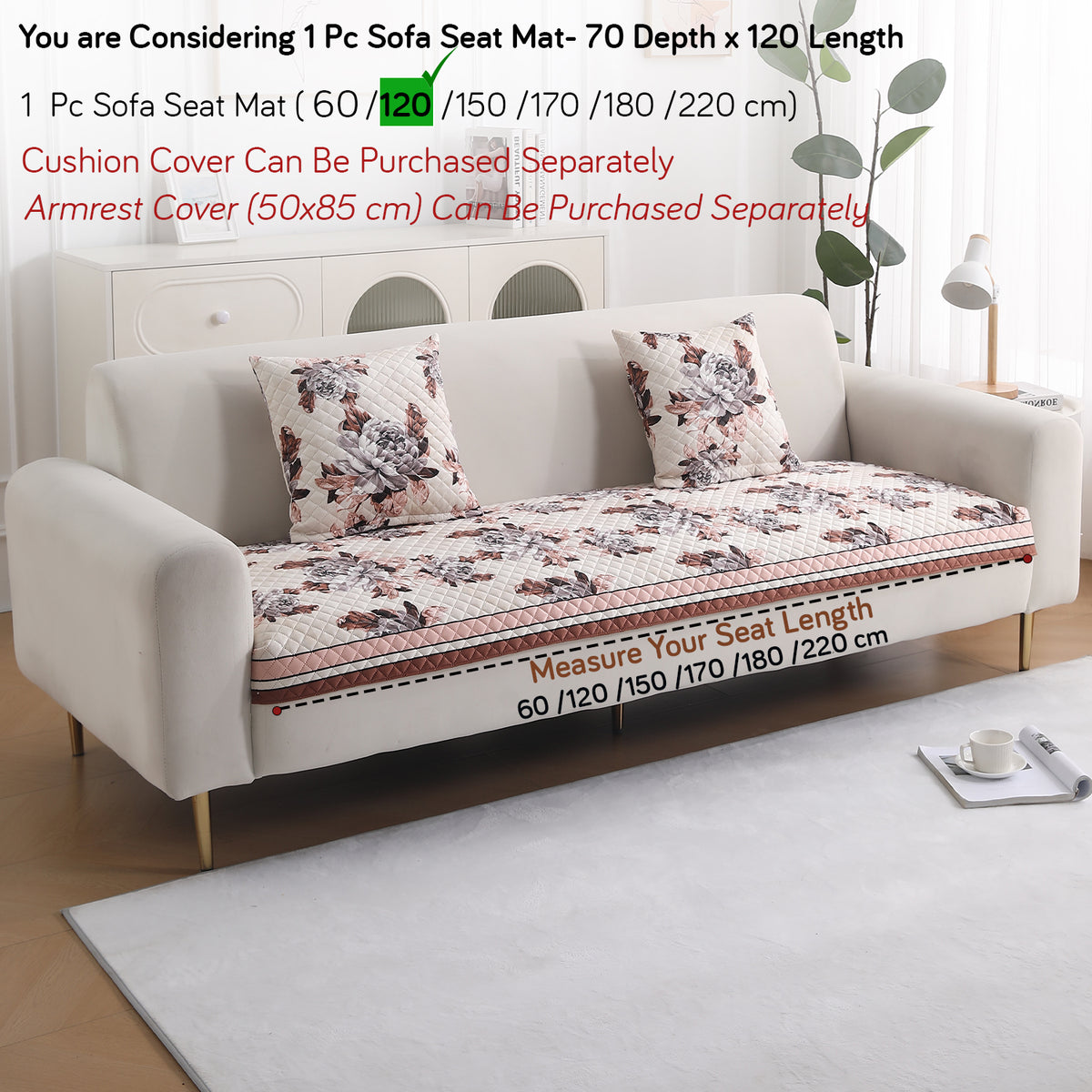 LiefNest Holland Velvet Sofa Cover Mat with Foam Filling -  Chrysanthemum Bloom Soft Beige