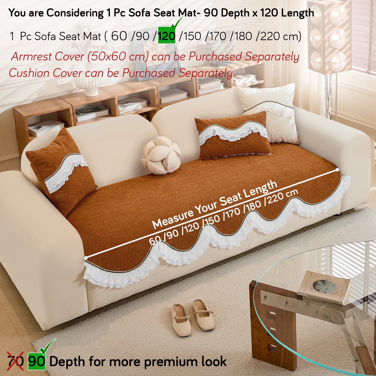 French Classic Frill Wavy Sofa Cover Mat, Copper Orange