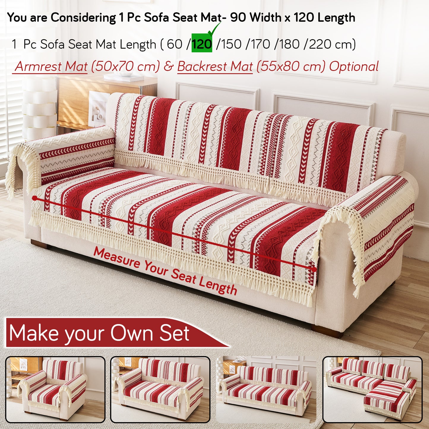 Nordic Boho Geometric Sofa Cover Mat with Tassel, 'Nordic Tassel Series'  Ruby Cream