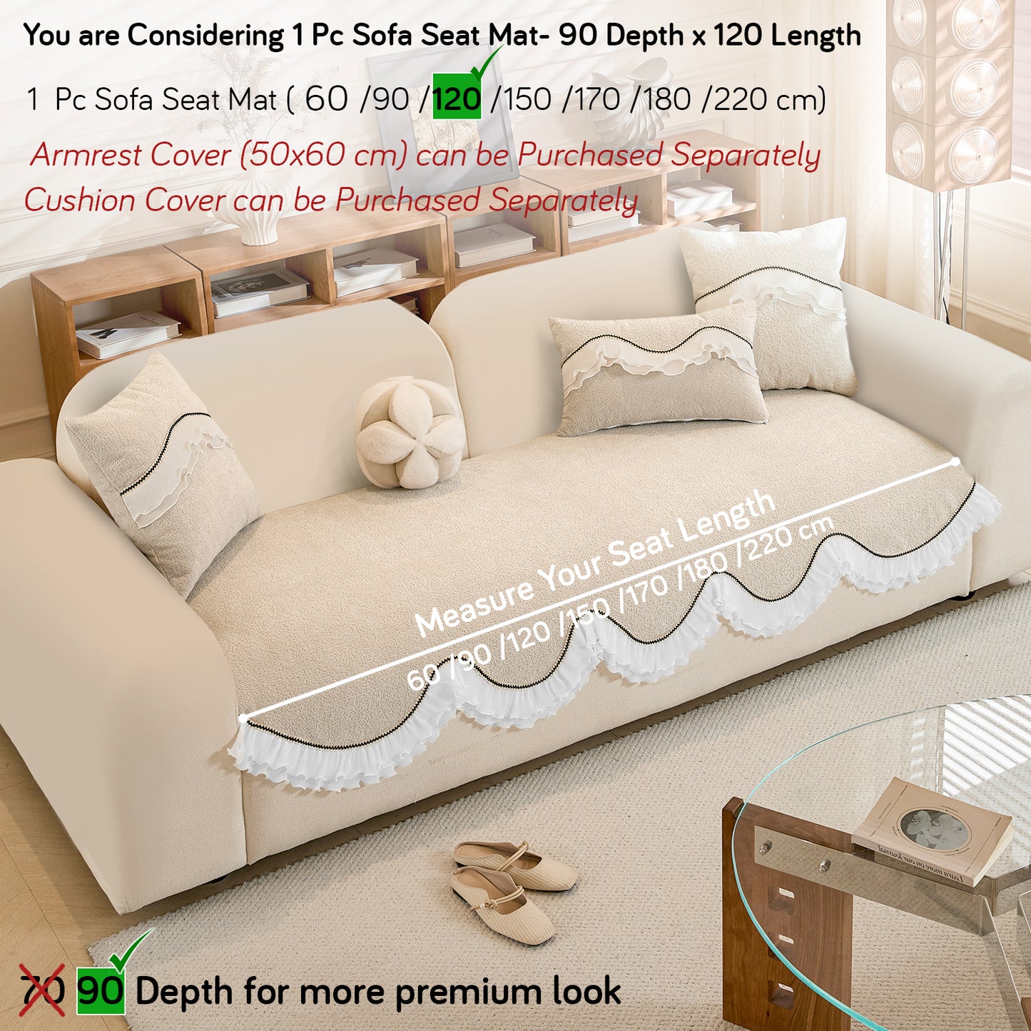 French Classic Frill Wavy Sofa Cover Mat, Champagne Beige