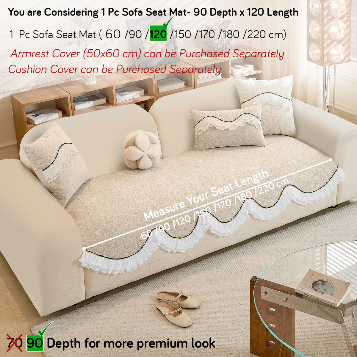 French Classic Frill Wavy Sofa Cover Mat, Champagne Beige
