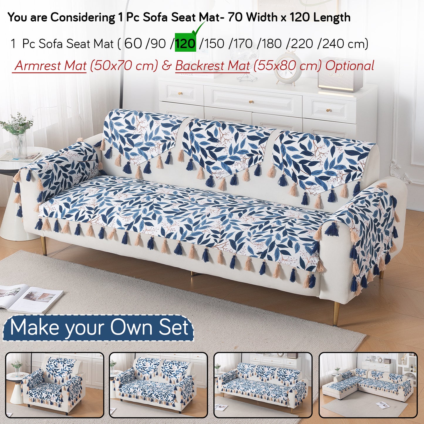 'Whispers of Nature' Series Holland Velvet Sofa Mat with Tassel, Indigo Foliage
