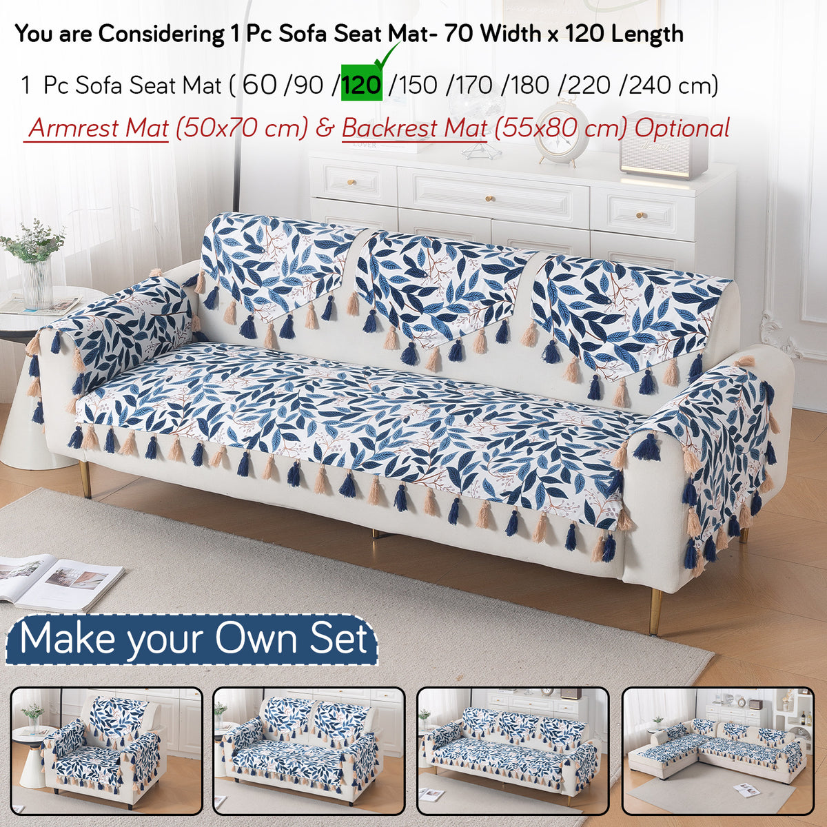 'Whispers of Nature' Series Holland Velvet Sofa Mat with Tassel, Indigo Foliage