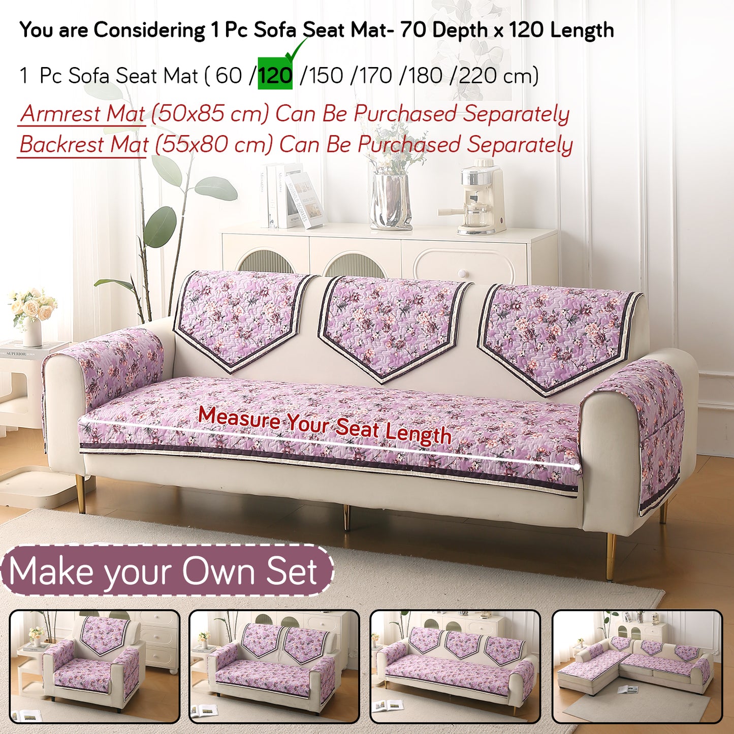 Florentina Series Premium Holland Velvet Sofa Cover Mat - Peony Lavender