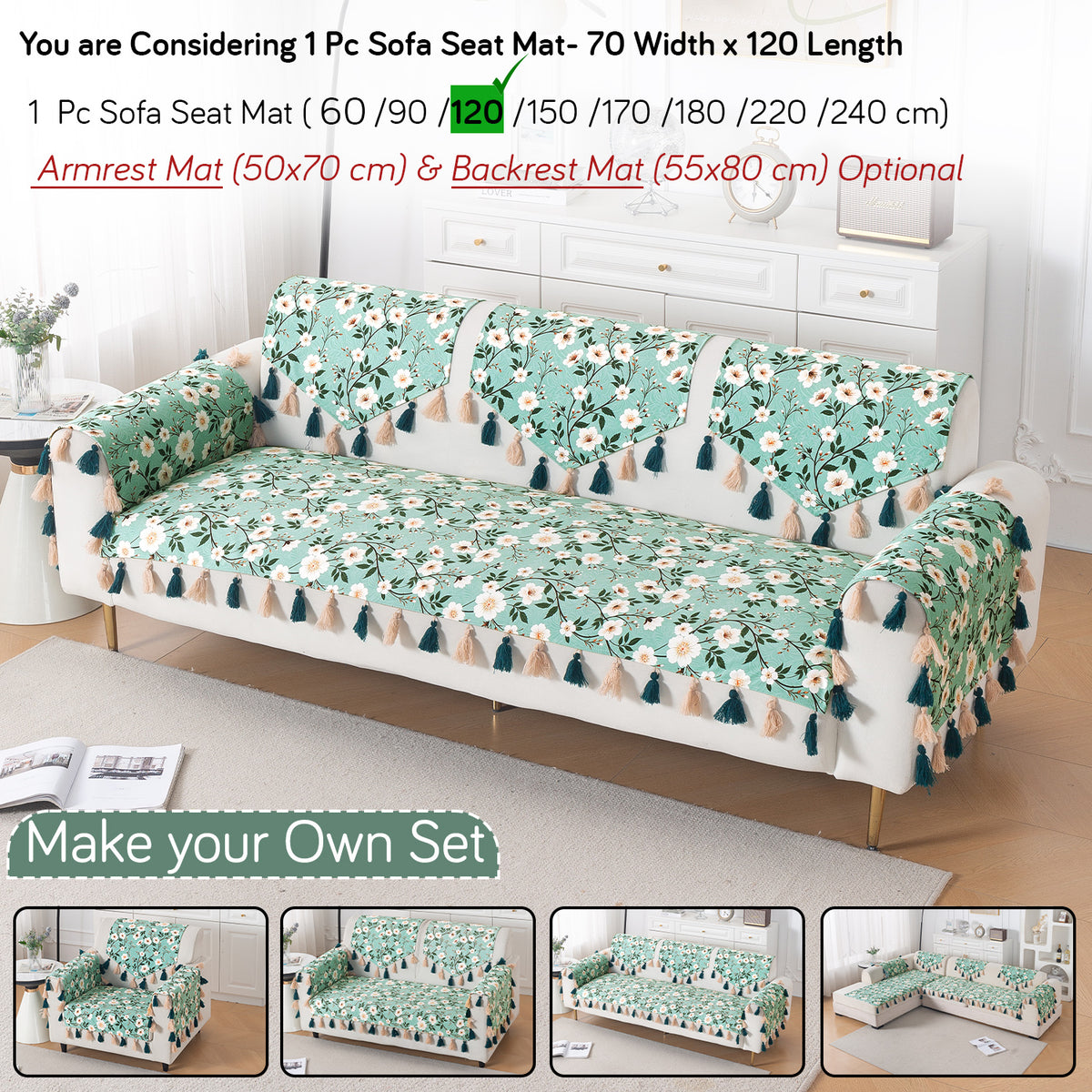 'Whispers of Nature' Series Holland Velvet Sofa Mat with Tassel, Sage Floral Vine