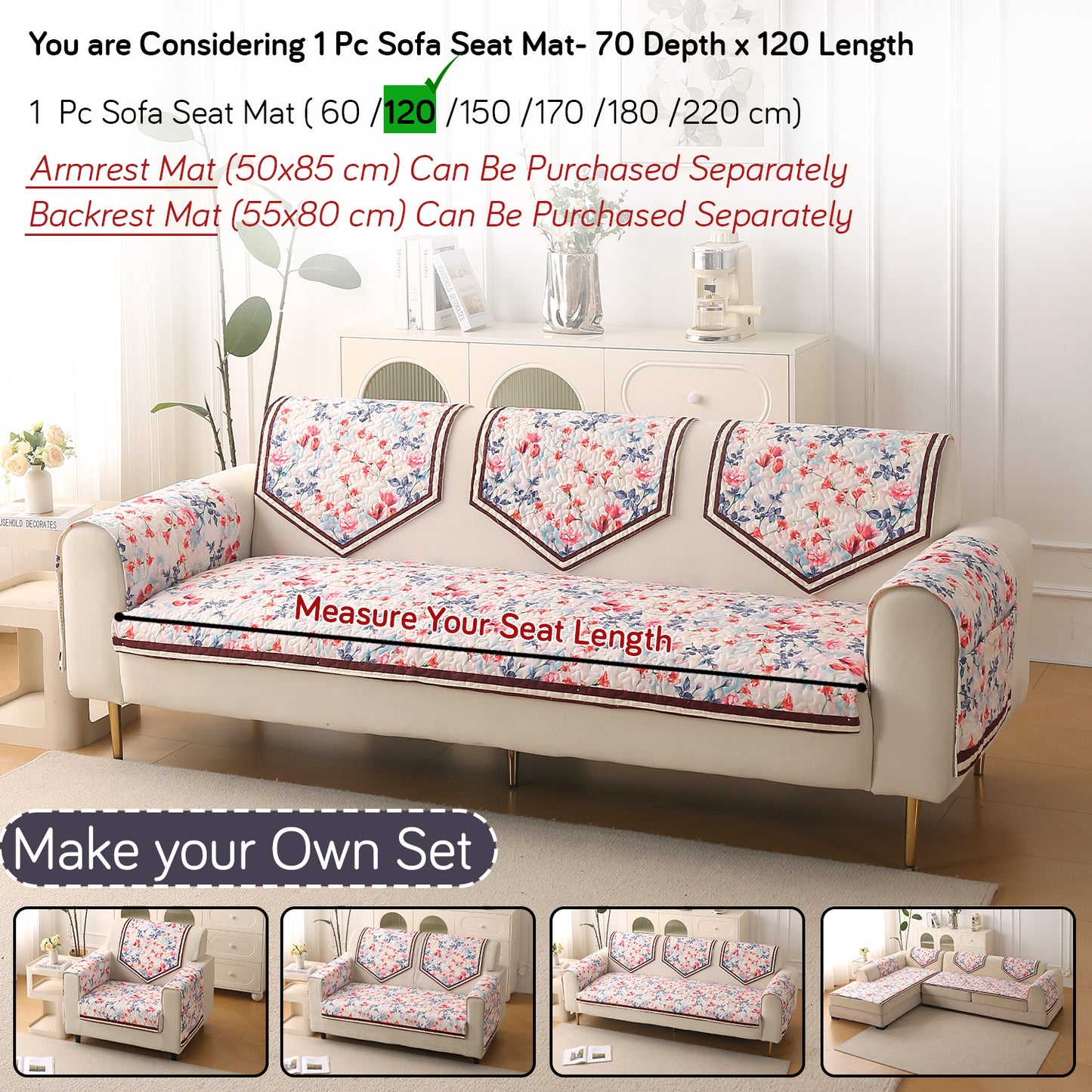 Florentina Series Premium Holland Velvet Sofa Cover Mat - Scarlet Rose Ivory