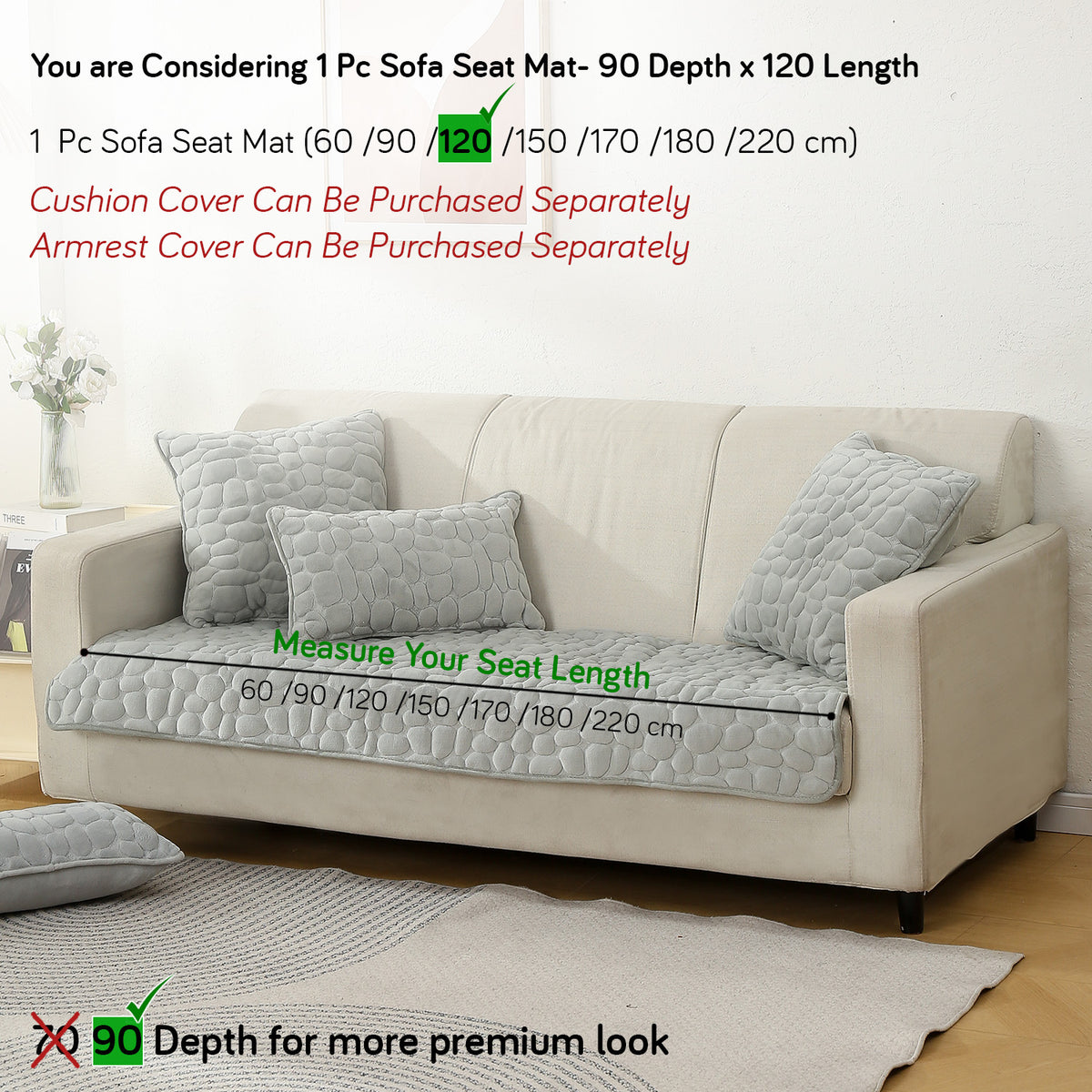 Premium Pebble Milk Velvet Anti Slip Sofa Mats, Moon Grey