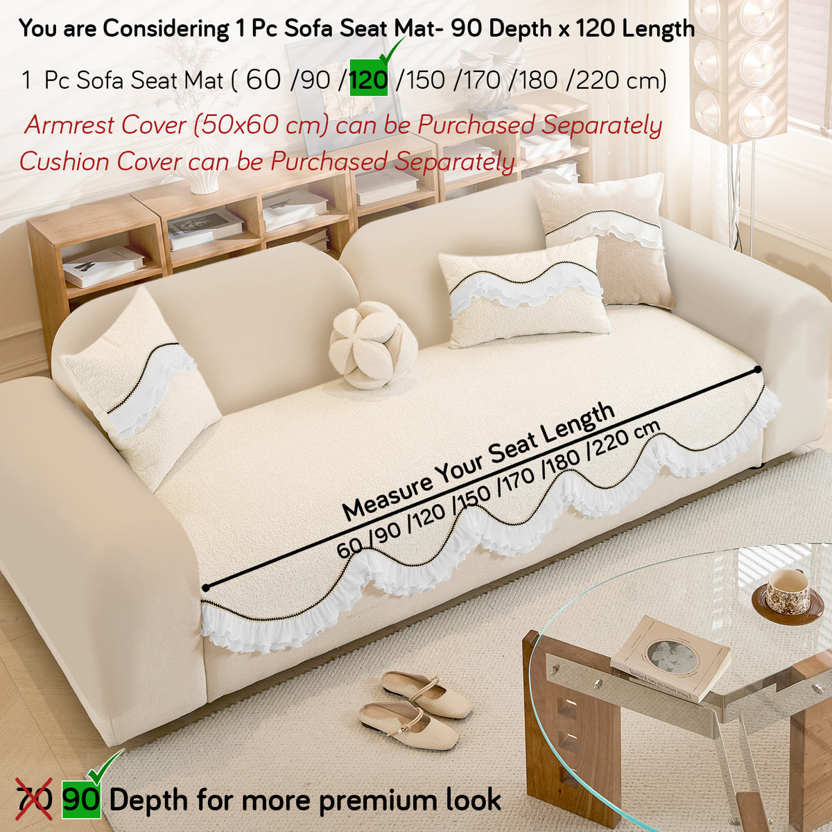 French Classic Frill Wavy Sofa Cover Mat, Snow White Ivory