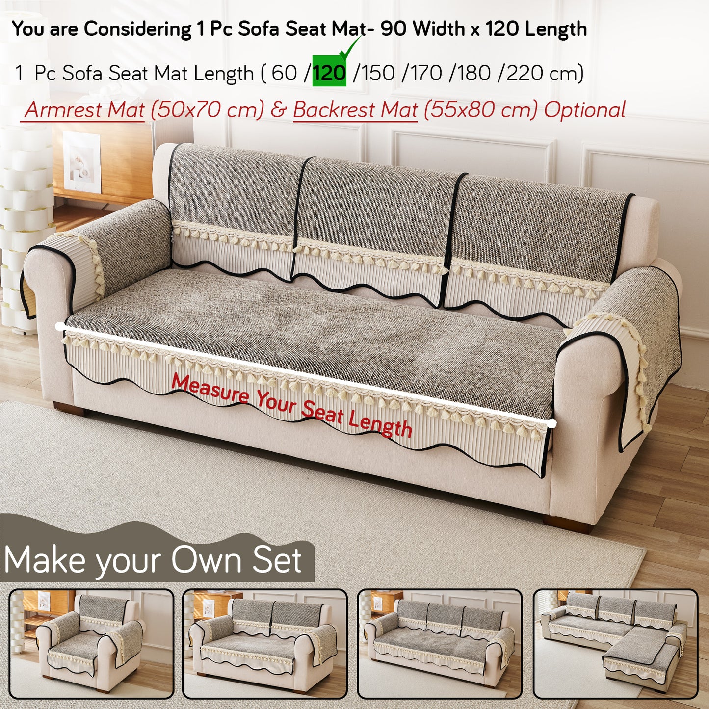Thick Woven Weave Chenille Sofa Cover with Tassel|'Wavy Royale Series' Taupe Mist