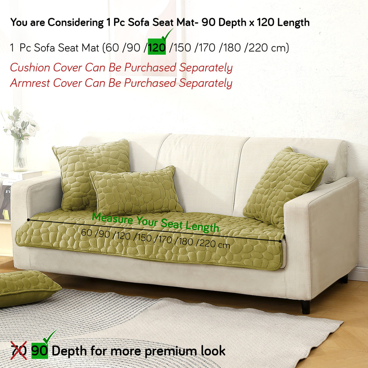 Premium Pebble Milk Velvet Anti Slip Sofa Mats, Pristine Green