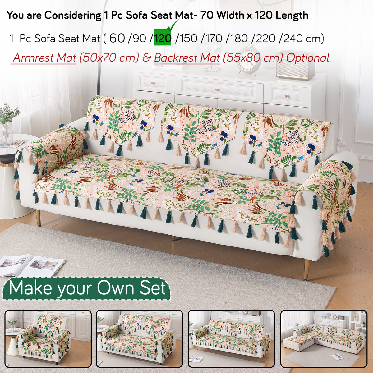 'Whispers of Nature' Series Holland Velvet Sofa Mat with Tassel, Beige Woodland Bloom