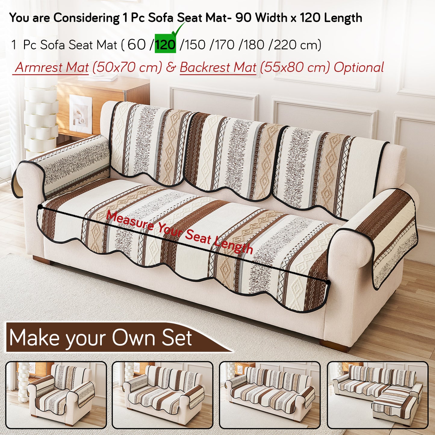HOKIPO Boho Geometry Sofa Cover Mat|'Valenca Wavy Luxe Series' Earth Brown