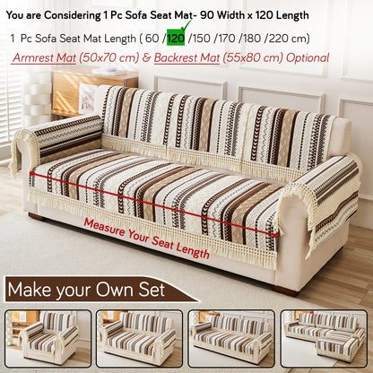 Nordic Boho Geometric Sofa Cover Mat with Tassel, 'Nordic Tassel Series'  Chocolate Brown