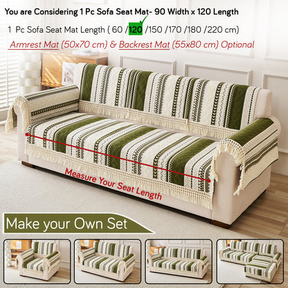 Nordic Boho Geometric Sofa Cover Mat with Tassel, 'Nordic Tassel Series'  Olive Meadow