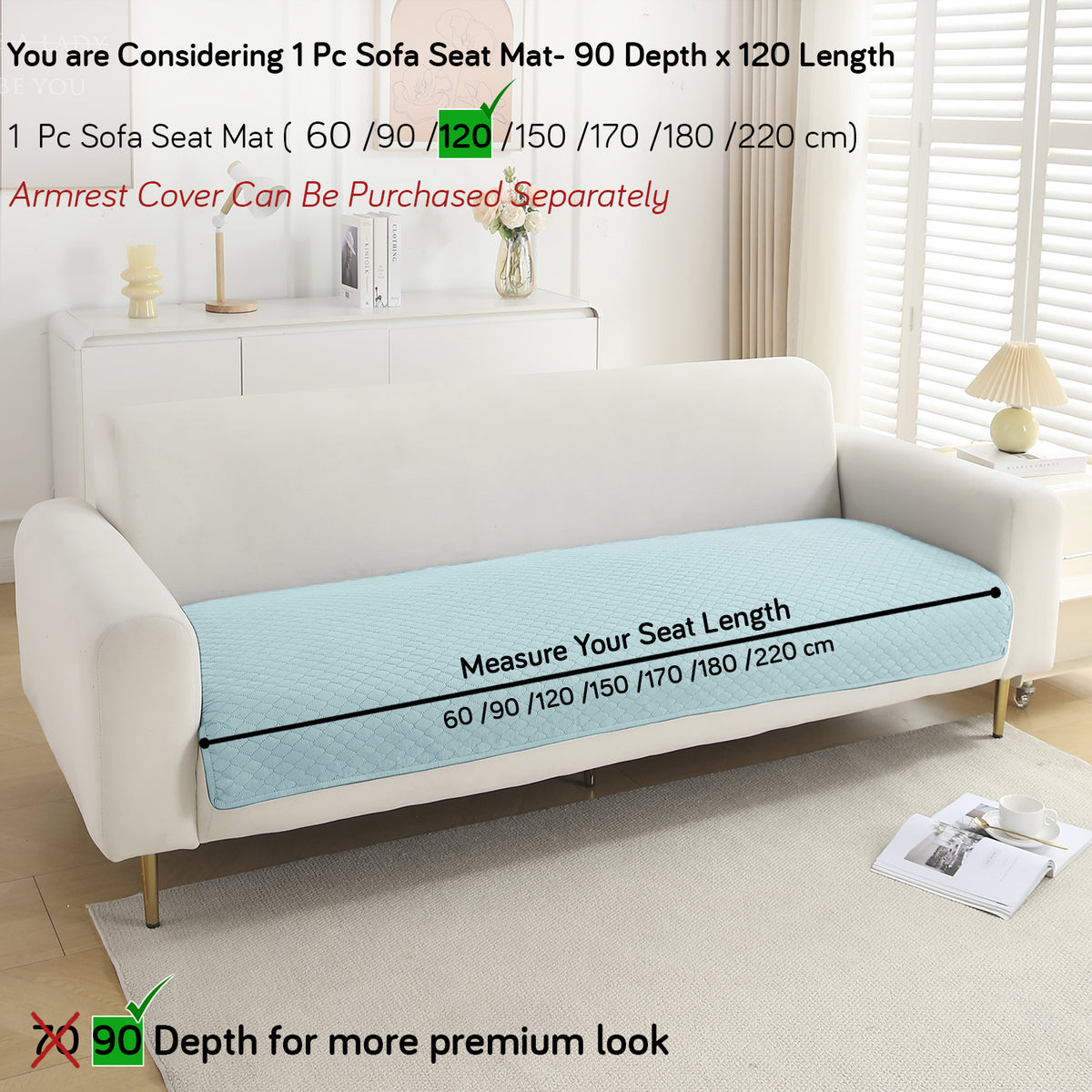 Polyester Quilted Sofa Cover Mats, Light Sky Blue