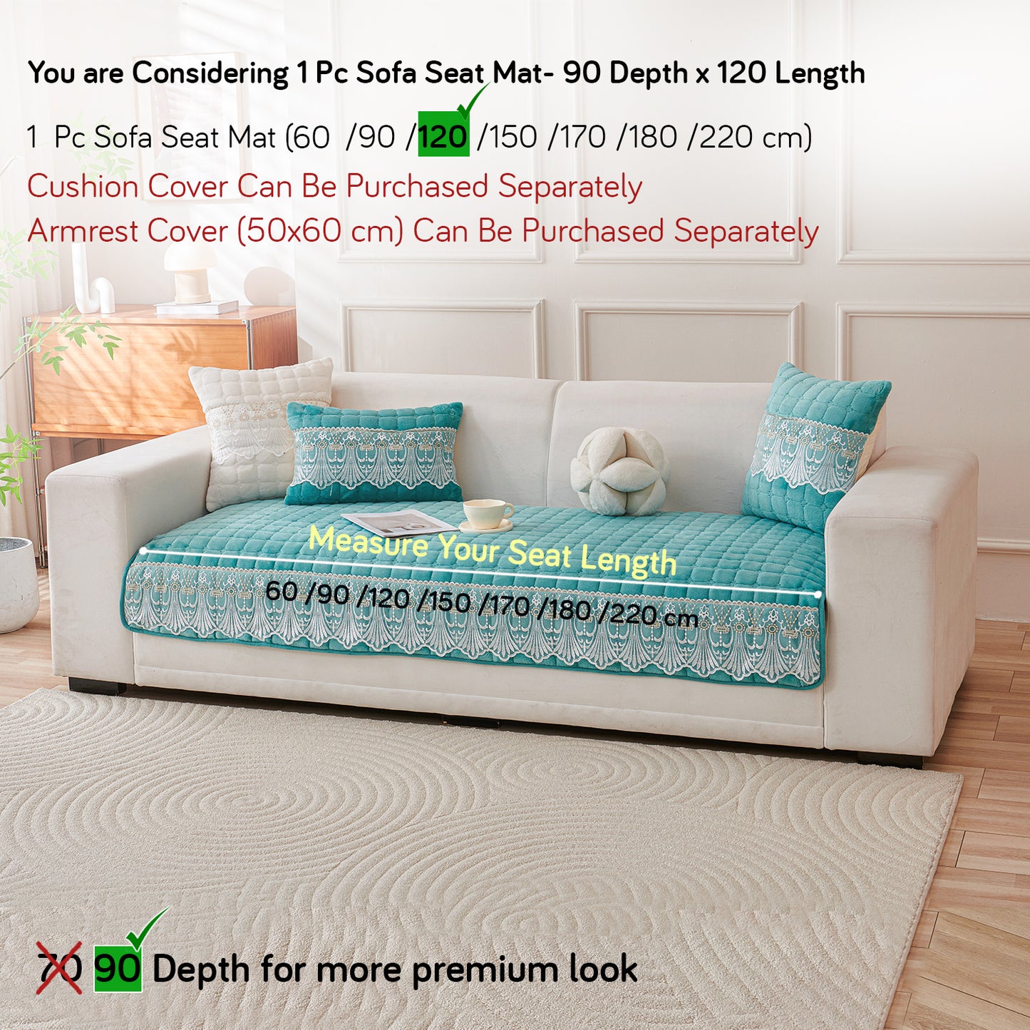 BelleLace Series Imperial Milk Velvet Sofa Cover Mat with Lace Design - Teal