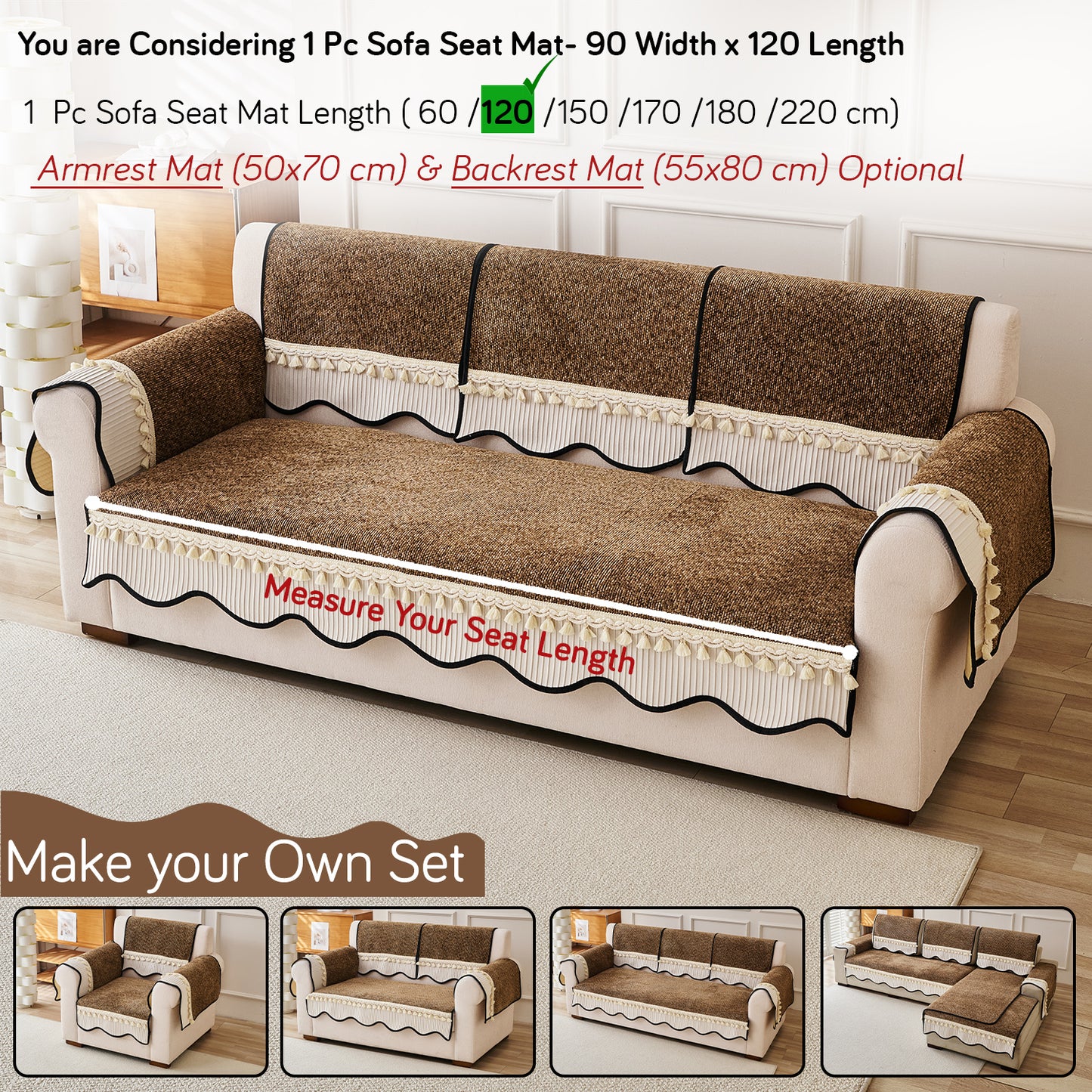 Thick Woven Weave Chenille Sofa Cover with Tassel|'Wavy Royale Series' Chestnut Brown
