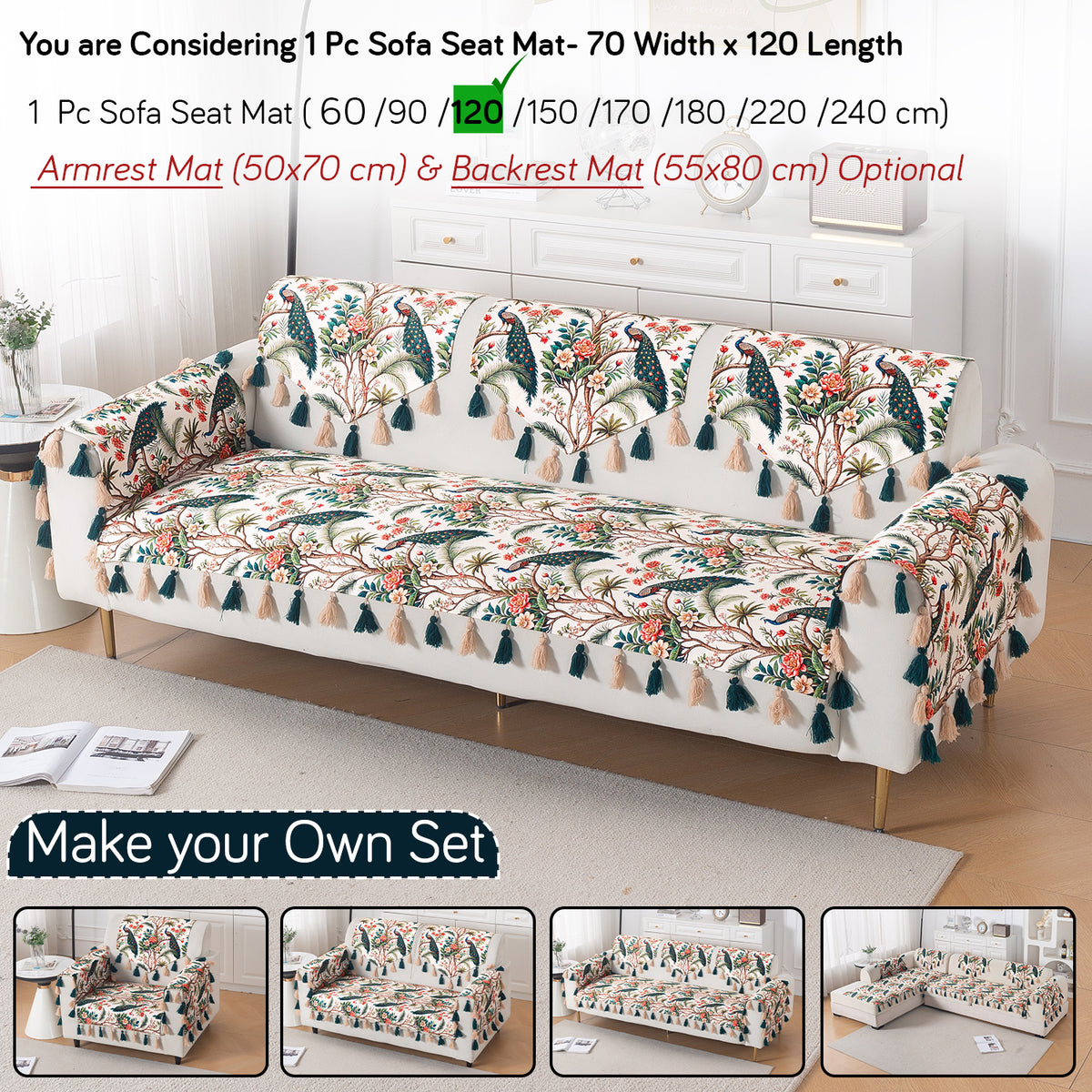 'Whispers of Nature' Series Holland Velvet Sofa Mat with Tassel, Multicolor Tropical Peacock