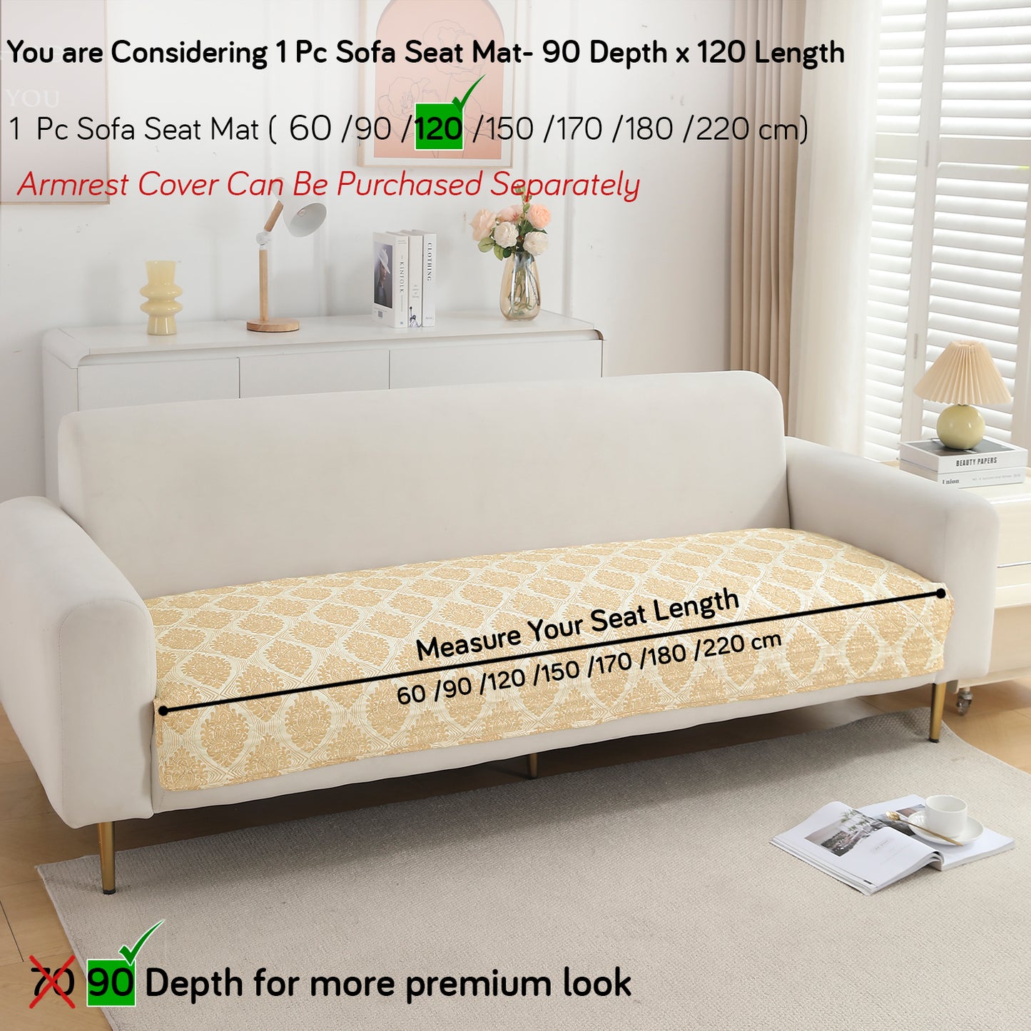 Polyester Printed Quilted Sofa Cover Mats, Ogee Ivory