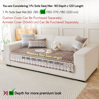 BelleLace Series Premium Imperial Milk Velvet Sofa Cover Mat with Lace Design -  Mocha Brown