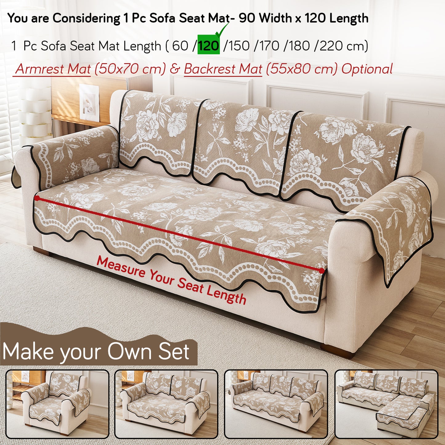 Chenille Sofa Cover Mat with Curvy Edges, 'Retro Curves Series' Sofa Mat, Sand Beige