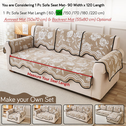 Chenille Sofa Cover Mat with Curvy Edges, 'Retro Curves Series' Sofa Mat, Sand Beige