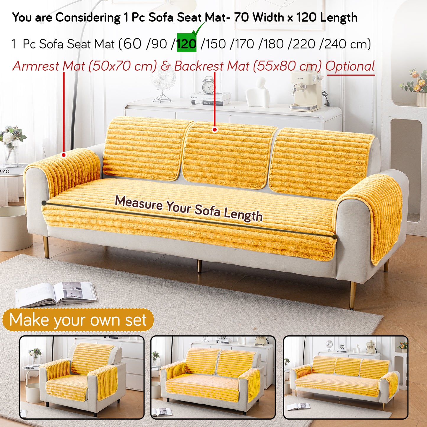 Faux Rabbit Fur Plush Anti-Slip Sofa Mat |Snuggle Fur Mustard Yellow