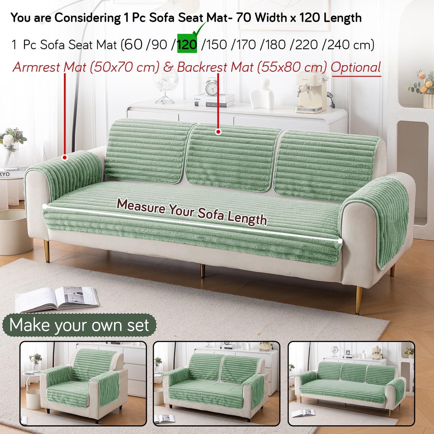 Faux Rabbit Fur Plush Anti-Slip Sofa Mat |Snuggle Fur Sage Green