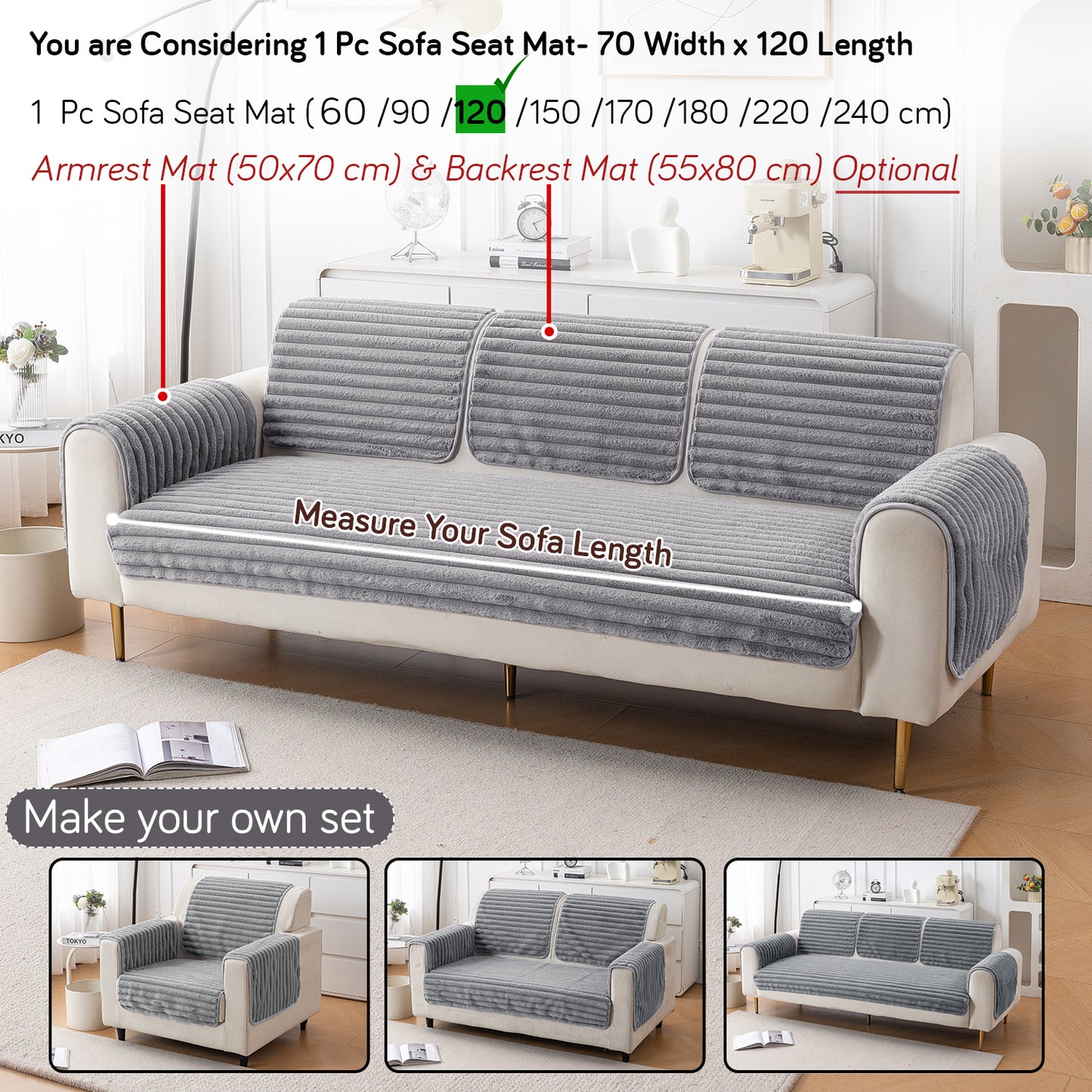 Faux Rabbit Fur Plush Anti-Slip Sofa Mat |Snuggle Fur Grey
