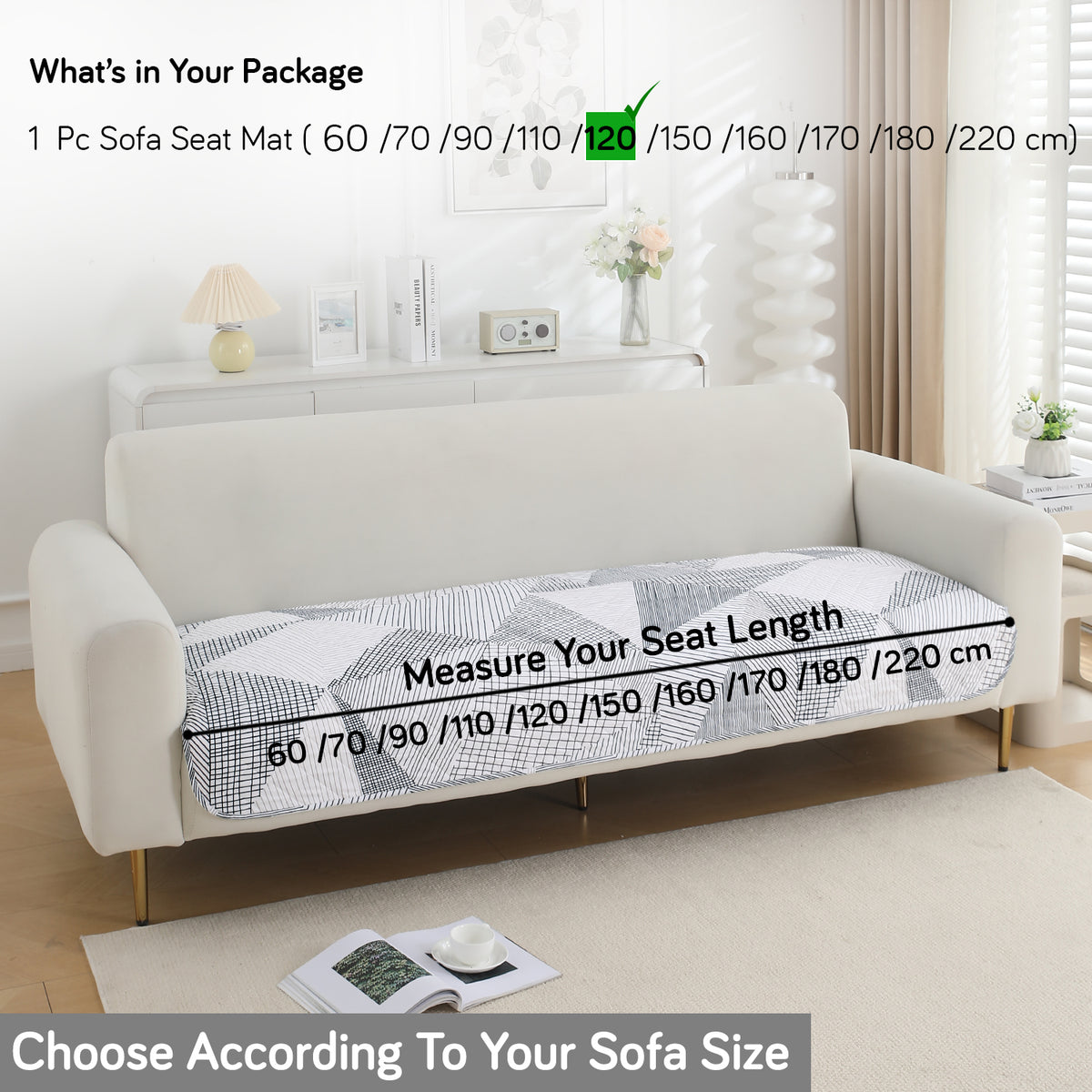 Water Repellent + Waterproof Quilted Sofa Mats, Snow White Black Geometry
