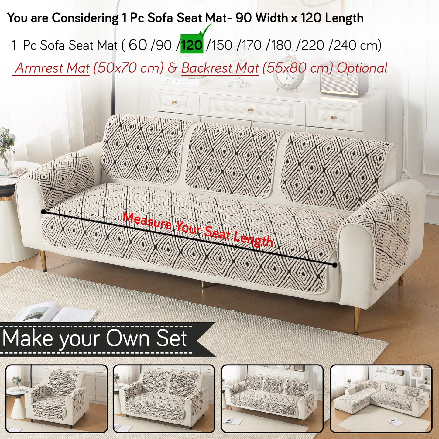 Luxury Plush Sherpa Anti-Slip Sofa Cover Mat, 'Noirea Series'| Geometric Diamond