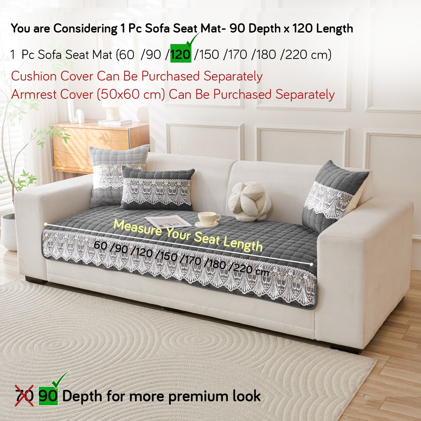 BelleLace Series Imperial Milk Velvet Sofa Cover Mat with Lace Design - Porpoise Grey