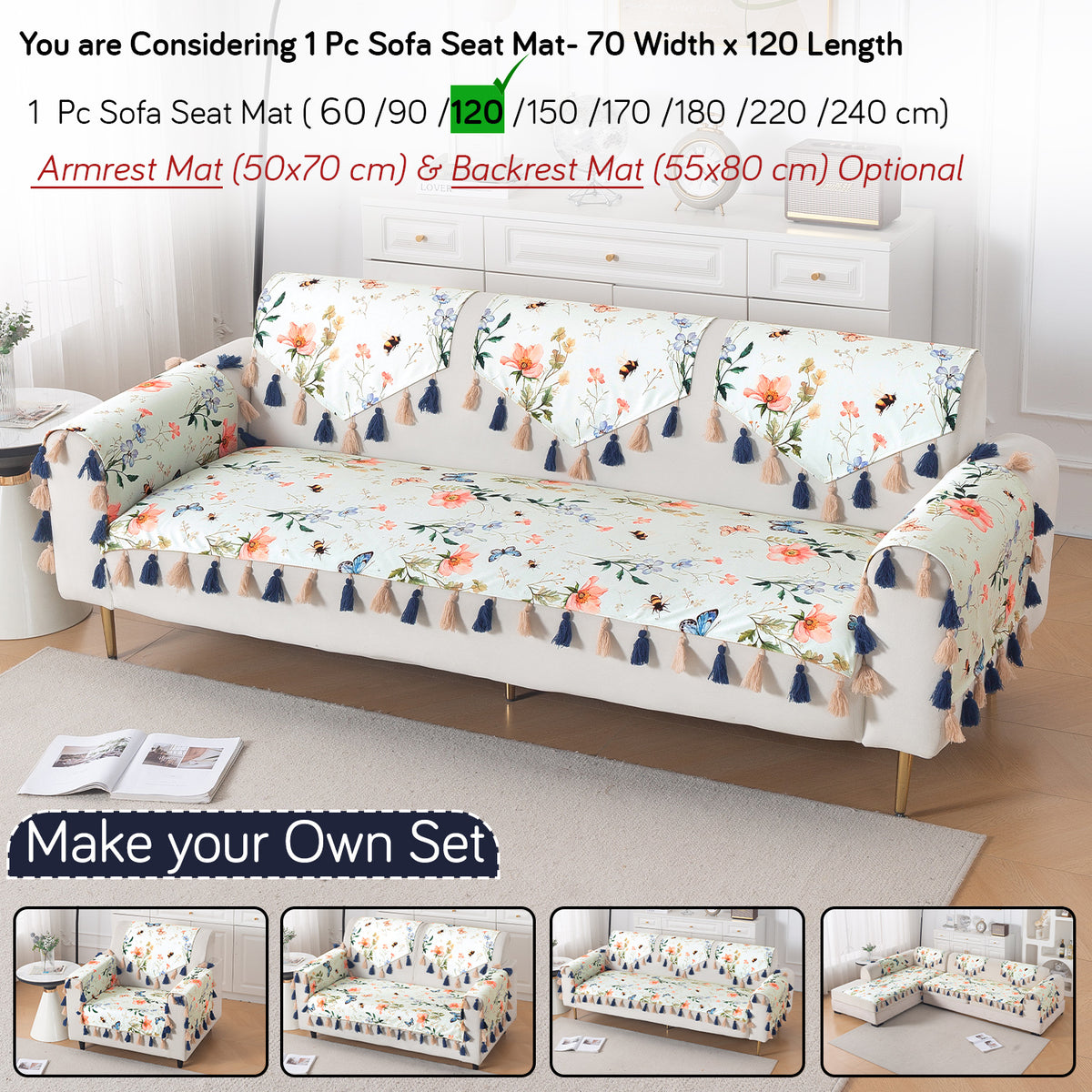 'Whispers of Nature' Series Holland Velvet Sofa Mat with Tassel, Pastel Butterfly Meadow