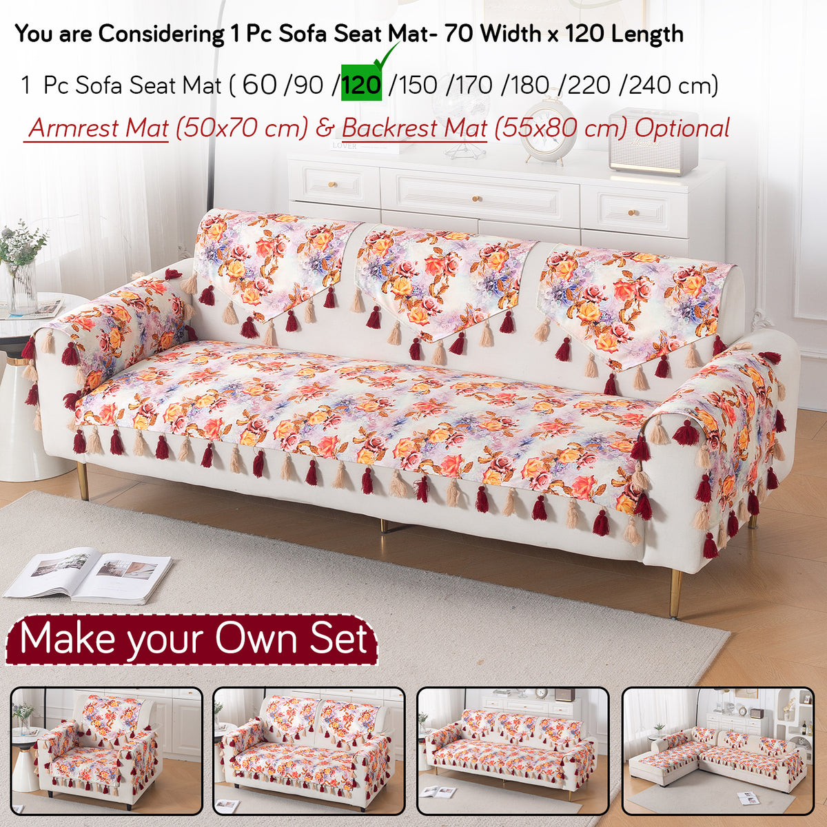 'Whispers of Nature' Series Holland Velvet Sofa Mat with Tassel, Vintage Rose Bloom