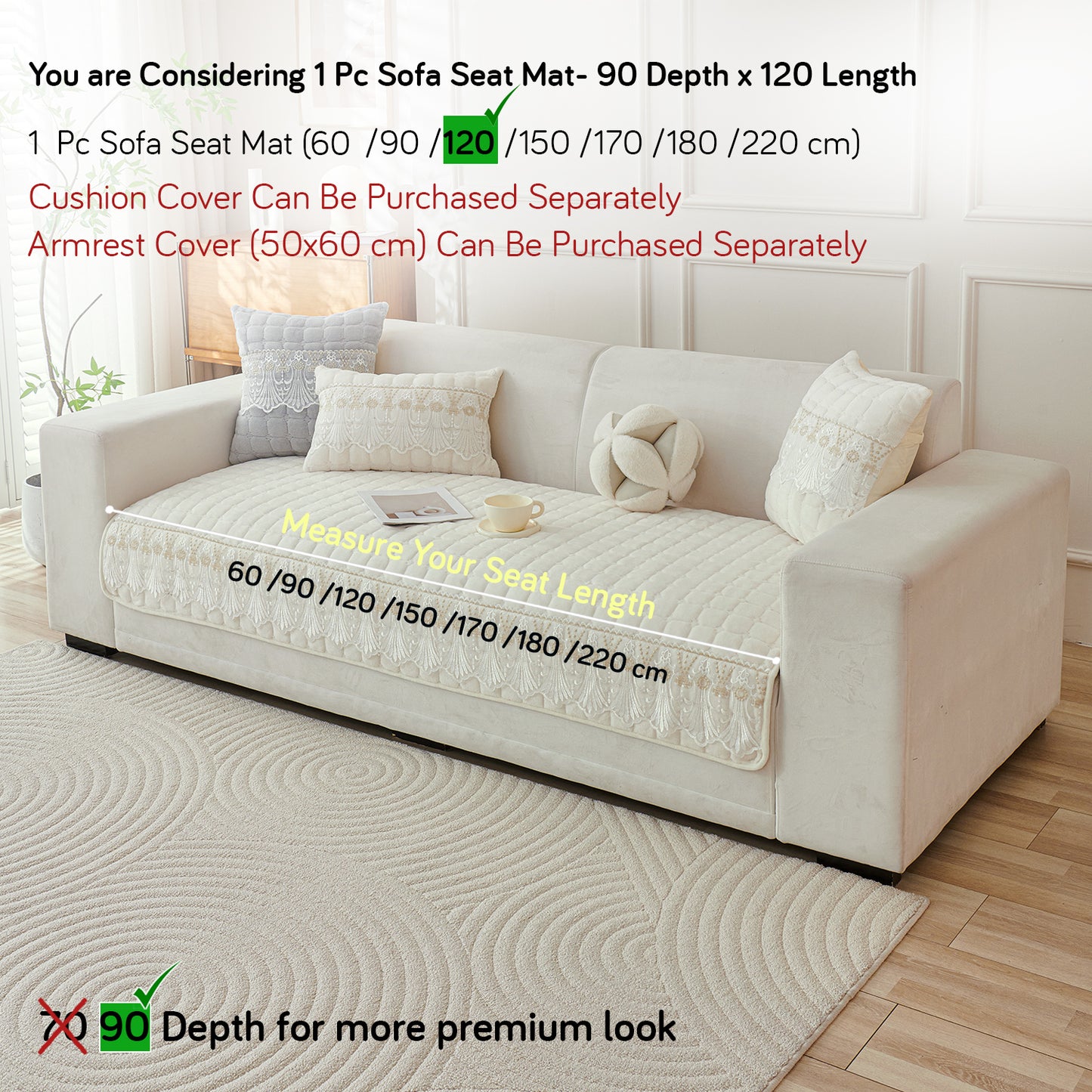 BelleLace Series Premium Imperial Milk Velvet Sofa Cover Mat with Lace Design -  Pearl White