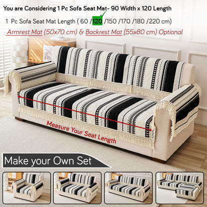 Nordic Boho Geometric Sofa Cover Mat with Tassel, 'Nordic Tassel Series'  Aurora Black