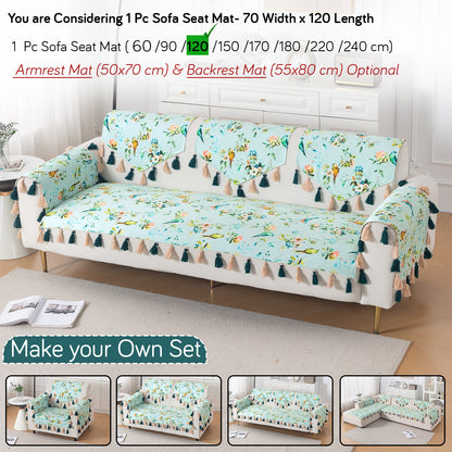 'Whispers of Nature' Series Holland Velvet Sofa Mat with Tassel, Mint Birdsong Blossom