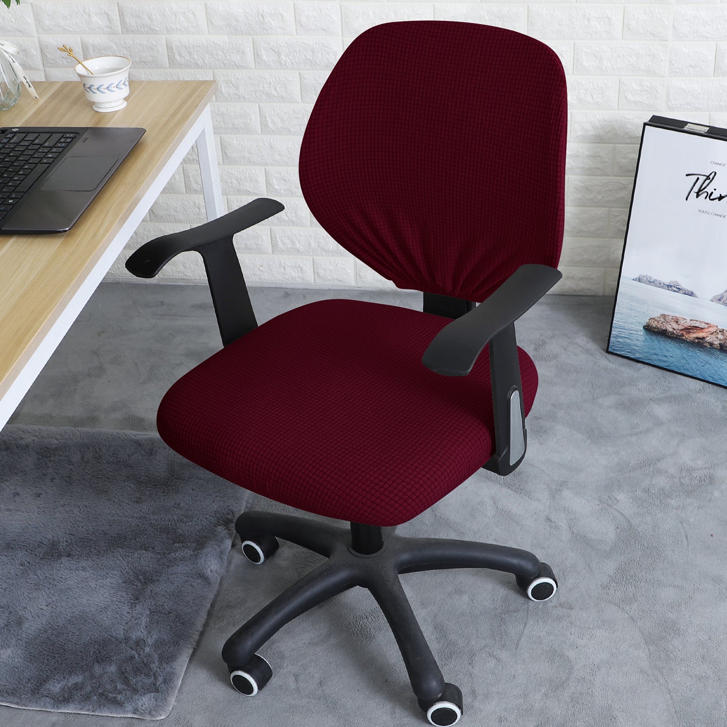 Stretchable Jacquard Office Chair Slipcover for Rotating Chair, Burgundy