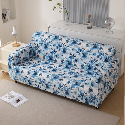 Premium Printed Velvet Sofa Cover 1/2/3 Seaters Fully Covered, Blue Azure Botanical