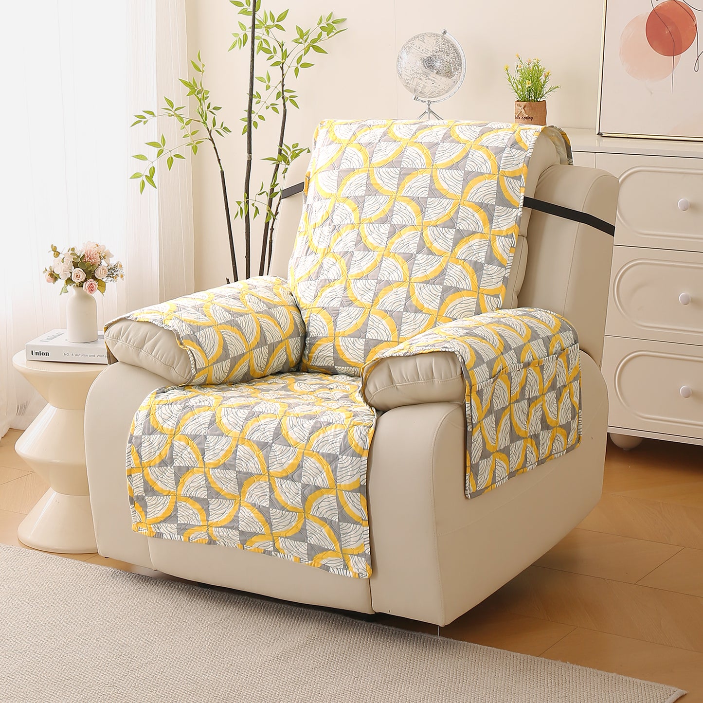 Quilted Printed Recliner Mats for 1 Seater Recliner Sofa, Windmill Cyber Yellow