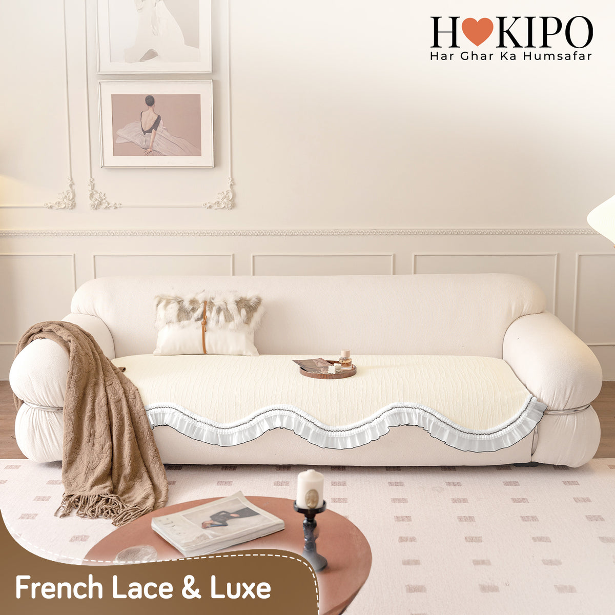 French Lace & Luxe with White Ruffle Edge Sofa Cover Mat, Pearl Sheen White