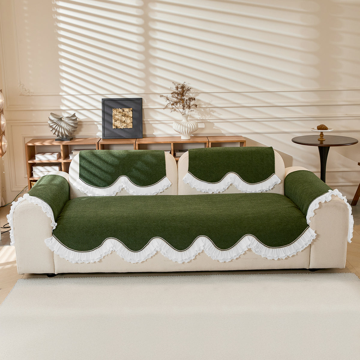 French Classic Frill Wavy Sofa Cover Mat, Dark Olive Green