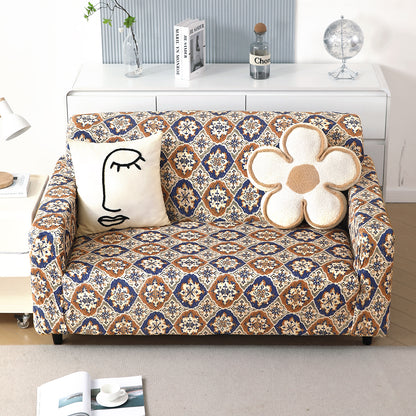 Premium Printed Velvet Sofa Cover 1/2/3 Seaters Fully Covered, Indigo Moroccan Charm