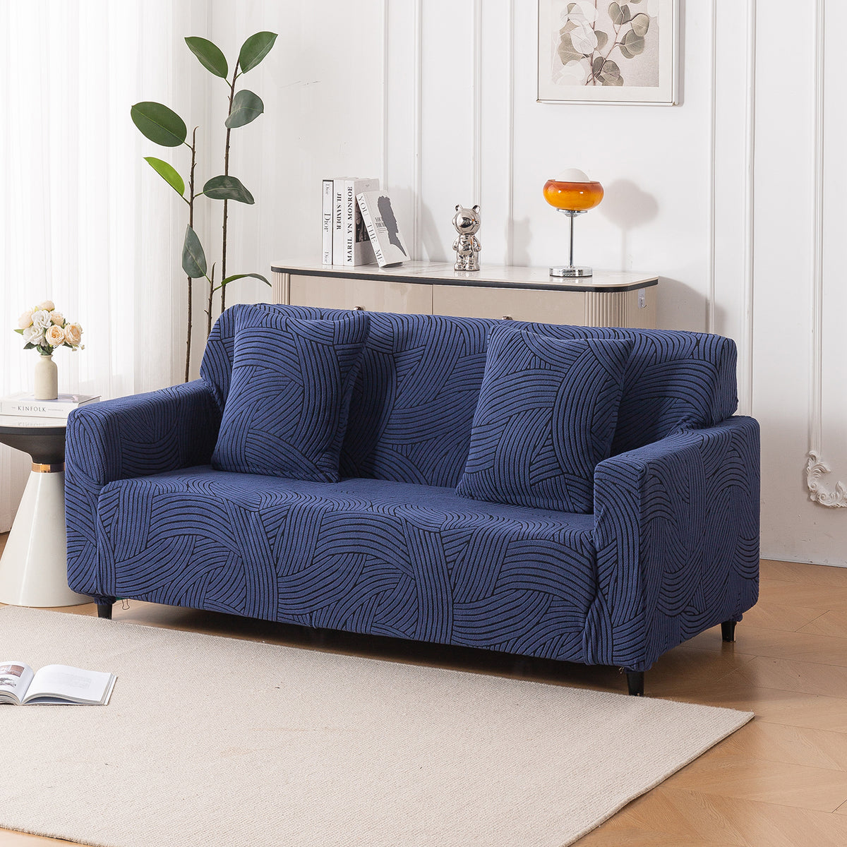 Buy royal blue colour waveline series jacquard elastic 3 seater sofa cover​s