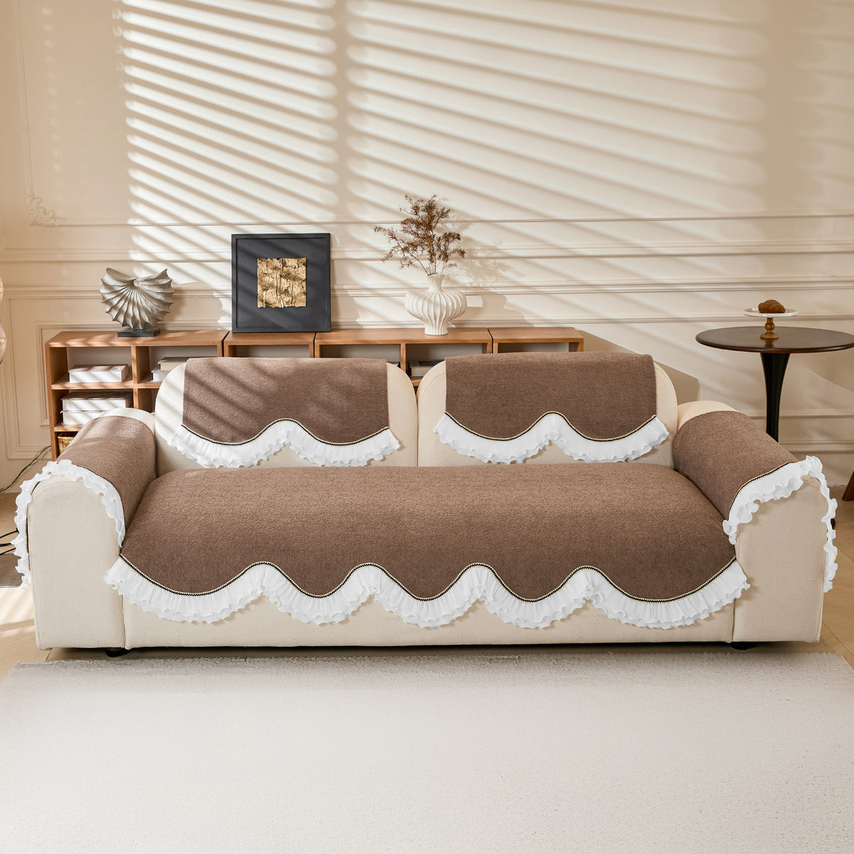 French Classic Frill Wavy Sofa Cover Mat with Curve & Lace - Mocha Luxe Brown
