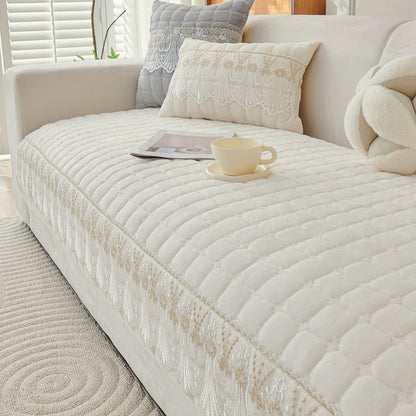 BelleLace Series Imperial Milk Velvet Sofa Cover Mat with Lace Design - Pearl White